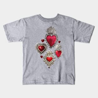 Mexican milagrito vibrant red heart silver folk art elegant pattern maximalist decoration Kids T-Shirt